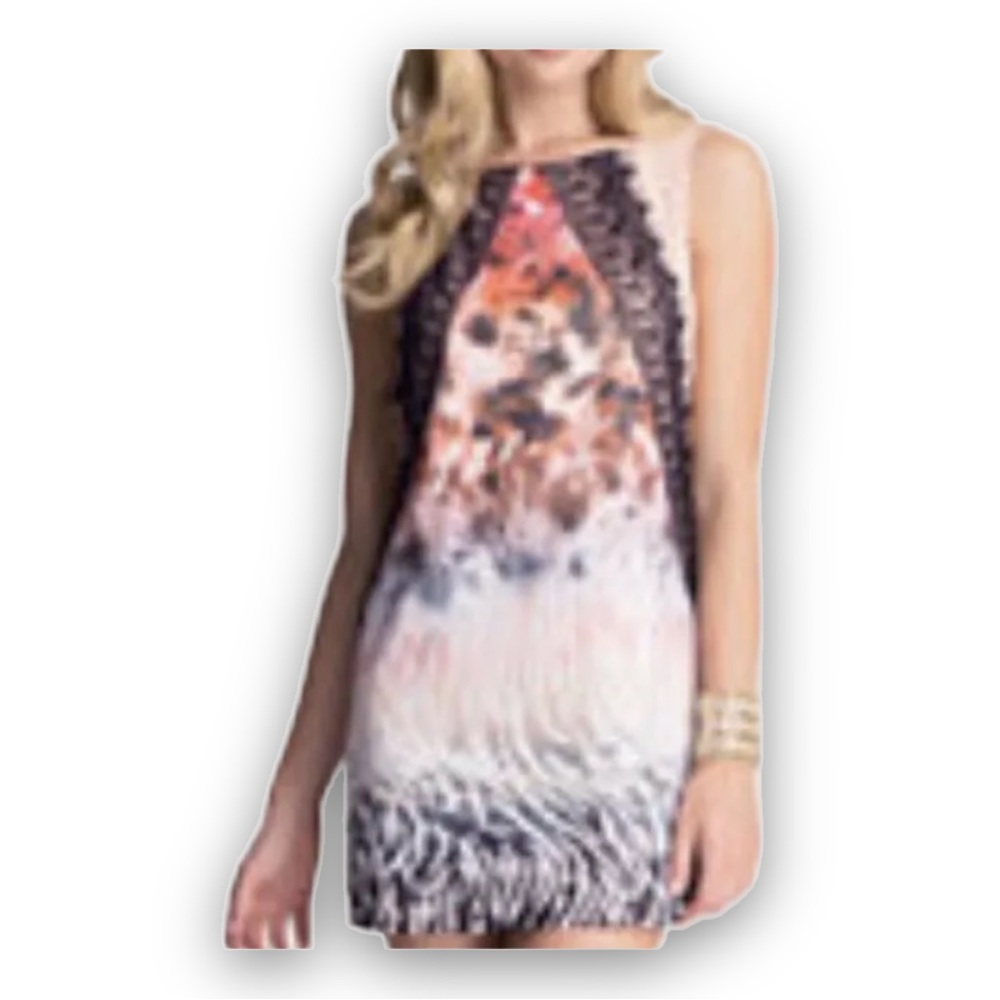 Bebe Neutral Illusion Print Eyelash Lace Sheath Dress Size 4 GORGEOUS! - Picture 4 of 10